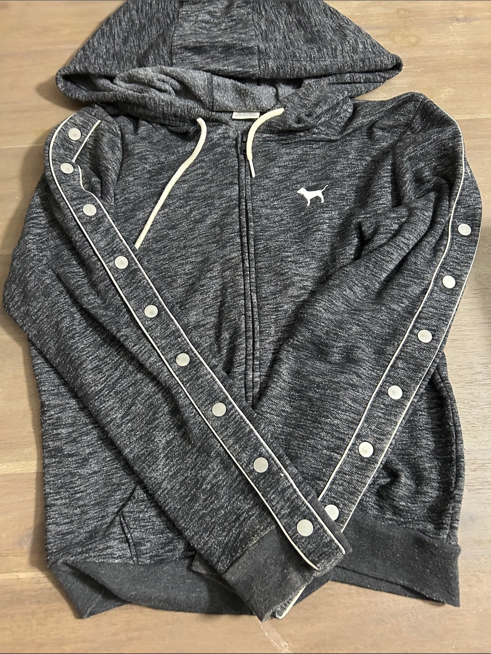 PINK Victoria's Secret Dark Gray Hooded Snap-Trim Zip Sweater - Women